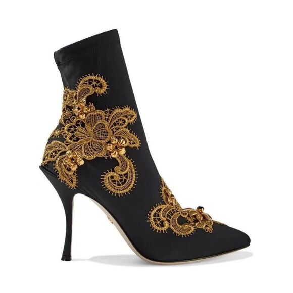 DOLCE & GABBANA Lori 100 Baroque Embroidery Lace Stretch Sock Boot Black Gold 35 - Picture 8 of 8